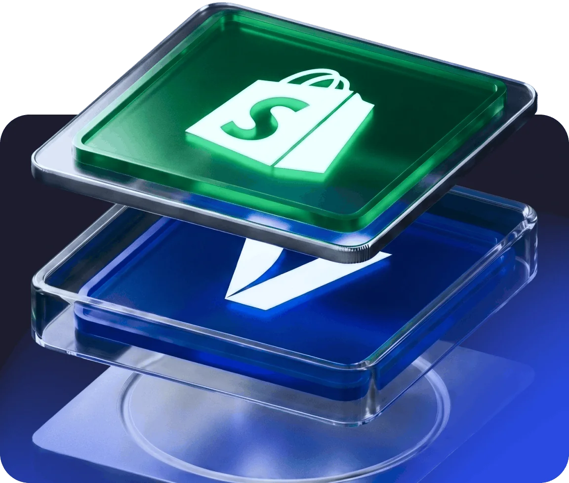 Ilustração 3D com o logotipo da Shopify sobre o logotipo da Vindi